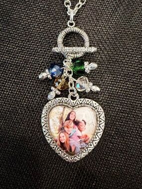Silver Heart Photo Locket Necklace with Multicolor Crystal Charms